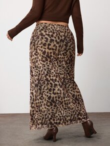 Enliva Plus Size Stretch Mesh Leopard Print Maxi Skirt For Hourglass Body - Brown - View 2