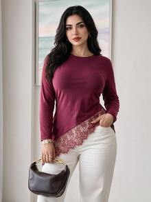 Solavon Plus Size Women Solid Color Round Neck Long Sleeve Lace Hem Patchwork T-Shirt - Red - View 5