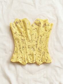 Soleia 浪漫休閒無肩帶蕾絲分層束腰上衣，鏤空刺繡，女款，夏季無胸墊，白色花卉，適合婚禮約會派對 - 淡黃色 - 查看 4