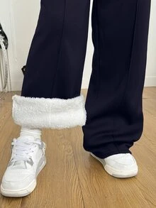 青少年女孩秋冬抓絨內裡寬腿運動褲 鬆垮版型鬆緊腰鬆身厚款休閒街頭風日常戶外穿著 - 藏蓝色 - 查看 1