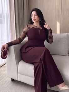 Feyla طقم نسائي أنيق من قطعتين بمقاس كبير، ملابس علوية بأكمام طويلة مع دانتيل متباين وبنطال واسع الساق - عنابي اللون - مشاهدة 7