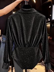 SHEIN Clasi Plus-Size Silver Shimmer Mesh Bodysuit With Long Sleeves, A Draped Neckline And Slim Fit. Perfect For Dates, Vacations And Autumn Street Style. - Black - View 2