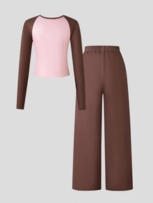 SHEIN Teen Girls Fall Outfits Fall Tops 2pcs/Set Striped Brown Comfortable Casual Fashion Sports Crew Neck Short Long Sleeve T-Shirt + Loos... - Multicolor - View 5