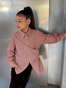 Dazy Kids 青少年女孩翻領條紋長袖梭織襯衫 - 珊瑚粉 - 查看 2