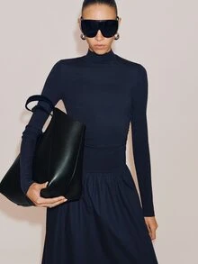 Anewsta Essential Women's Elegant Commute Autumn Red Knit Lyocell Woven Patchwork Loose Fit Dress - Navy Blue - View 1