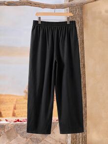 Rusticease Plus Size Women Solid Color Elastic Waist Pocket Casual Loose Long Pants - Brown - View 3