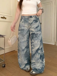Dazy Plus Korean Style Street Casual Heart Patch Distressed Gradient Long All-Season Denim Jeans - Blue - View 5