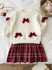 SHEIN 少女蝴蝶結裝飾圓領長袖格紋下擺休閒洋裝 - 紅色 - 查看 7