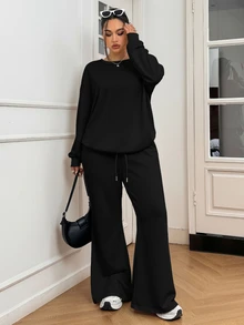 Solflare 2pcs Black Plus Size Loose Solid Color Asymmetric Shoulder Long Sleeve Set (Autumn Style) - Black - View 7