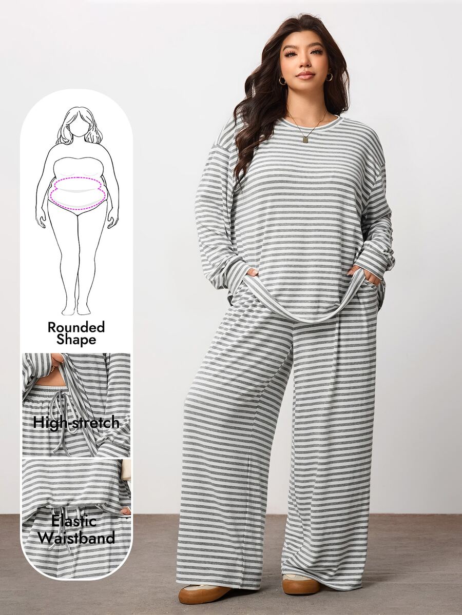 Enliva Plus Size Stripe Two Pieces Lounge Set With Elastic Waist Pants Compatible With Apple Body Round Body - Apricot - View 1