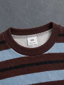 Boys' Vintage Preppy Style Crew Neck Sweatshirt, Brown Blue And Black Striped Pattern, Ribbed Collar Cuffs And Hem, Casual Everyday Wear For Spring Autumn Winter - Multicolor - View 6