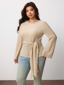 Enliva Plus Size Elegant Apricot Waist-Defining Tie-Waist Knit Top For Women Apple,Rounded Body - Apricot - View 3