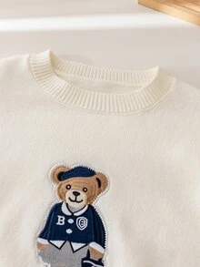 SHEIN 8-13歲女孩卡通熊貼布繡圓領長袖毛衣海軍藍百褶裙兩件套，柔軟親膚針織面料，適合春秋校園、外出與日常穿著女孩針織套裝 - 藏蓝色 - 查看 3