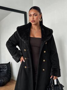 POPSWAY Plus Size Fur Collar Long Loose Coat - Black - View 5