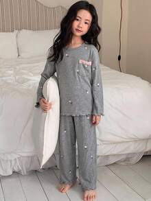 Dazy Kids 女童寬鬆版型圓領落肩長袖休閒舒適居家服 - 灰色 - 查看 3