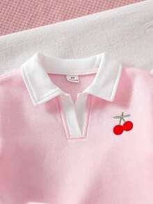 SHEIN 2pcs Young Girl T Shirt Wide Leg Pants Pink White Cherry Embroidery Elastic Waist Long Sleeve Polo Ribbed Fall Winter Preppy Party Holiday - Pink - View 4