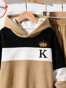 SHEIN 青少年男孩休閒極簡長袖連帽舒適衛衣2件套，可愛酷炫皇冠圖案印花，經典文字「King」與K字母圖案，適合秋冬返校季 - 彩色 - 查看 4