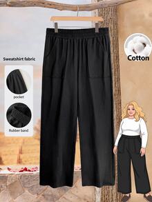 Rusticease Plus Size Women Solid Color Elastic Waist Pocket Casual Loose Long Pants - Brown - View 1