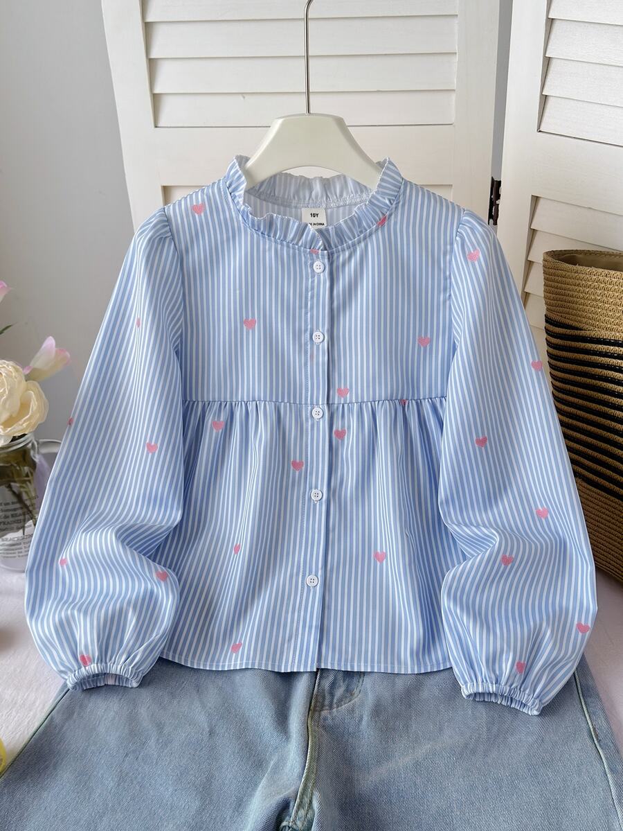 SHEIN Tween女孩休閒日常舒適寬鬆荷葉領上衣KIDS - 彩色 - 查看 1