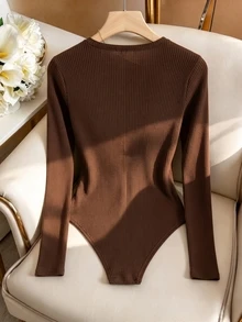 SHEIN LUNE 女款休閒百搭純色長袖緊身連身衣 - 咖啡棕 - 查看 2