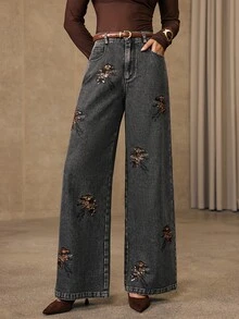Anewsta Women's Spring/Autumn New Modern Vintage Elegant Black & Gray Heavy Embroidery Versatile Commute Date Shopping Straight Wide Leg Jeans - Dark Grey - View 7