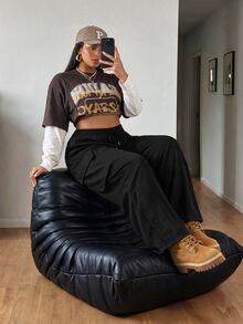 SHEIN Tall CURVE 大尺碼休閒工裝褲，時尚且適合春季、秋季及四季穿著，女款紋理面料 - 黑色 - 查看 4