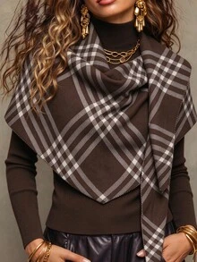 Linhara CURVE 2026 Autumn/Winter New Plus Size Women's Sweater Set, Minimalist Slim Fit Base Layer Top With Asymmetrical Plaid Shawl, Suitable For Daily Commute, Office, Romantic Vacation, Back To School Season - Khaki - View 4