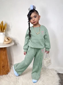 SHEIN Young Girl Bow Print Loose Pullover Sweatshirt & Sweatpants Set - Green - View 4