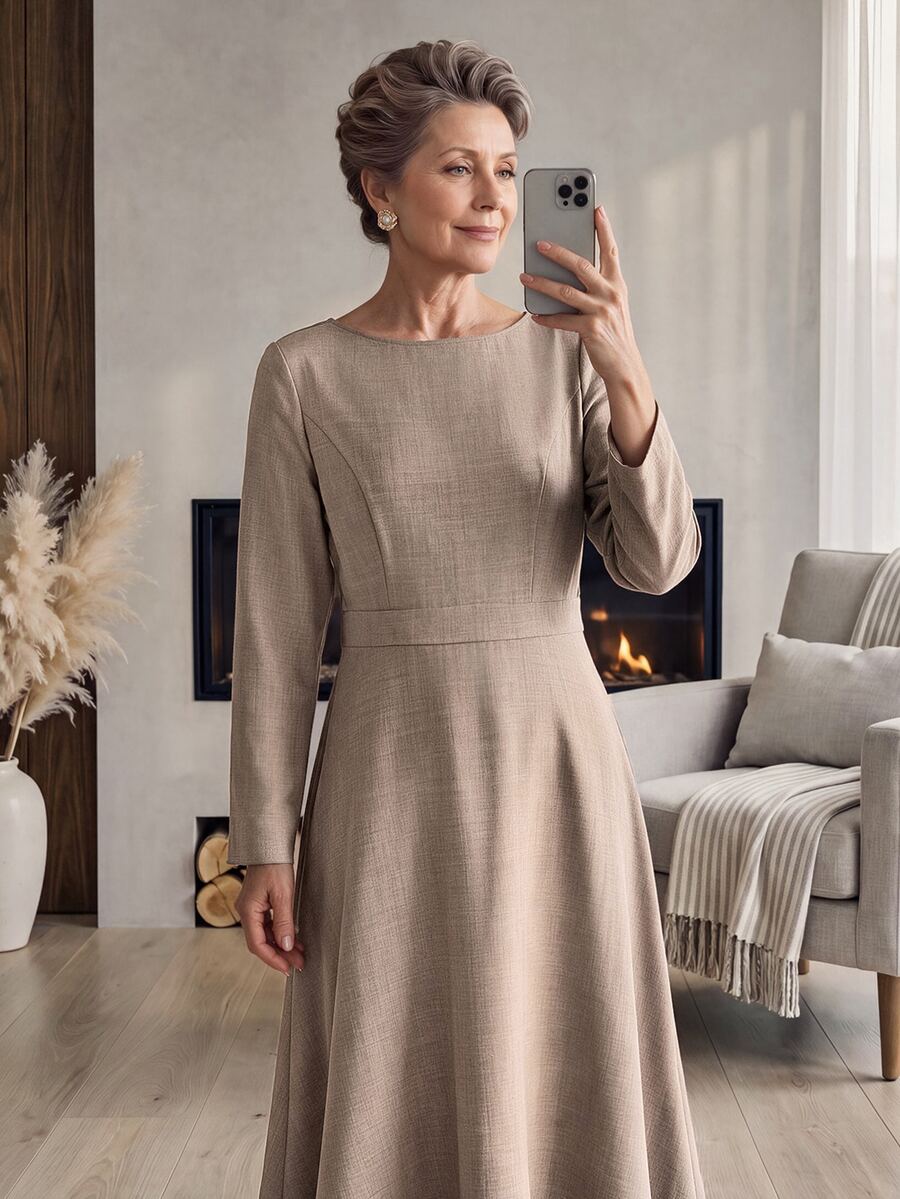 Miaspire Solid Color Long Sleeve Dress For Middle-Aged And Elderly Women - Khaki - View 1