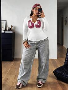 POPSWAY Plus Size Early Autumn White Digital Print Slim Fit V-Neck Long Sleeve T-Shirt - White - View 4