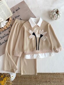 SHEIN 2件組幼女運動衫寬腿褲套裝 米色 白色 黑色 花卉雛菊 羅紋針織 長袖 彼得潘領 秋冬春季上學穿搭 - 杏色 - 查看 3