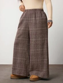 Enliva Plus Size Elastic Waist Plaid Straight Leg Loose Pants Compatible With Apple Body Round Body - Brown - View 8
