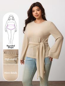Enliva Plus Size Elegant Apricot Waist-Defining Tie-Waist Knit Top For Women Apple,Rounded Body - Apricot - View 4