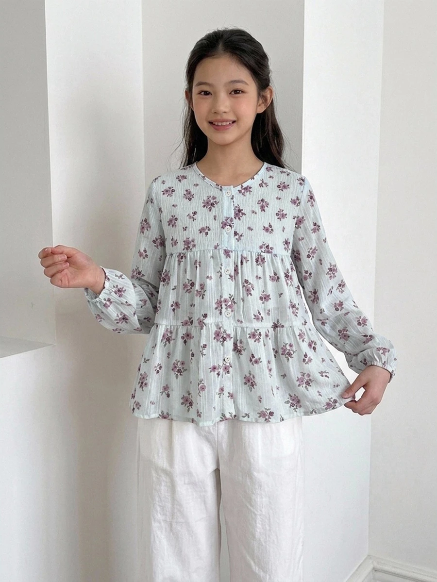 Dazy Kids 圓領可愛花卉長袖秋季甜美女孩風 (大號) 上衣 - 藍色 - 查看 1