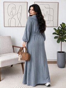 Solavon فستان حفلة كاجوال للنساء بمقاس كبير بلون موحد مع عقدة عند الخصر - الأزرق - مشاهدة 2