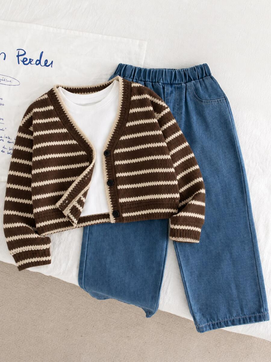 Genkimix Kids 2件組幼童女童條紋針織黑白寬鬆開襟外套與藍色牛仔褲,返校季春秋套裝 - 彩色 - 查看 1