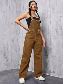 Flexra Women's Casual Straight Leg Denim Overalls With Pockets - Brown - View 3
