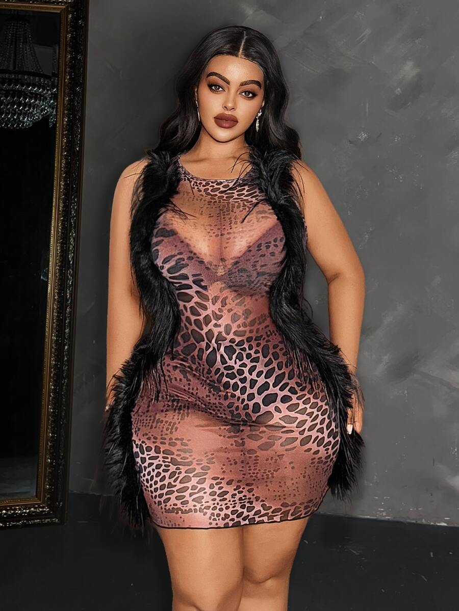 Maweii New Sexy Fur Trim Fitted Slimming Bodycon Mini Dress - Coffee Brown - View 1