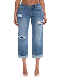 NYA SZN Project NYA WESTBROOK Denim Cropped Mom Jean Ripped Destructed Everyday Luxury Basic Chic Cute Casual Festival Going Out Light Wash Fall Winter - Light Wash - View 1