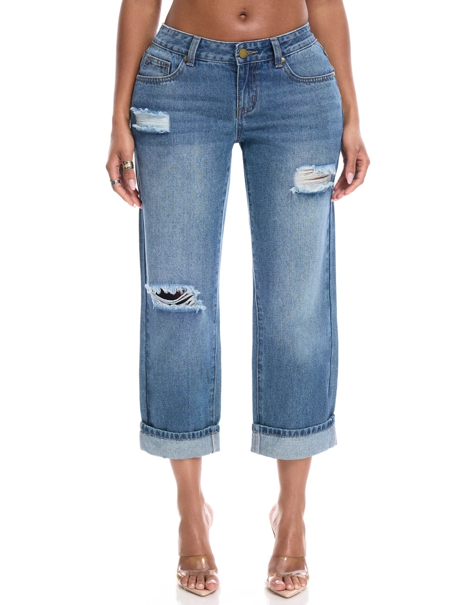 NYA SZN Project NYA WESTBROOK Denim Cropped Mom Jean Ripped Destructed Everyday Luxury Basic Chic Cute Casual Festival Going Out Light Wash Fall Winter - Light Wash - View 1