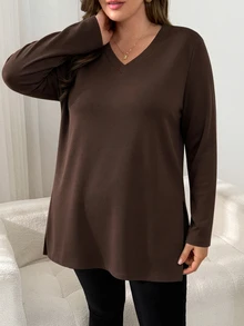Shapeblank Plus Size Versatile Fashion Long Sleeve T-Shirt With Split Hem,Fall Outfits,Going Out Tops,Simple St - Brown - View 3