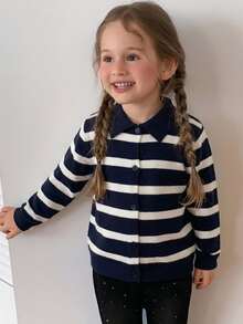 Hapijoa Young Girl Fall Clothes Young Girl) Patchwork Contrast Color Ruffle Trim Fitted Long Sleeve Round Neck Drawstring Tie Casual Cardigan - Navy Blue - View 3