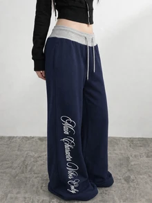 SHEIN Quần nỉ thể thao thường ngày cho bé gái tuổi teen, cạp chun rút, họa tiết chữ, phong cách casual - Màu xanh hải quân - Xem 4