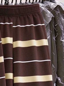SHEIN (1套) 青少年女孩秋季休閒時尚藍色與棕色橫條紋抓皺腰長袖T恤與寬腿長褲 - 彩色 - 查看 6