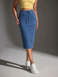 Flexra Chân váy denim nữ thường ngày phong cách casual có dây rút ở eo - Màu xanh lam - Xem 8