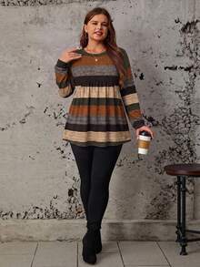 Comfylo Autumn Casual Minimalist Colorblock Striped Pattern Plus Size Women's Loose T-Shirt, Suitable For Autumn/Winter, Outwear, Christmas - Multicolor - View 5