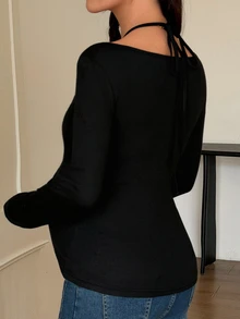 DAZY Solid Color Slim Fit Halter Neck Long Sleeve Elegant Vacation Korean Style Spring/Autumn Maternity T-Shirt - Black - View 2