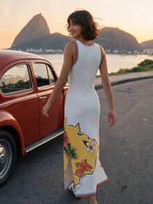 CAJUNI Sleeveless Long Knit Dress Featuring A Brazil Map And Toucan Print-Tropical Soul, Perfect For Summer Vacations - Multicolor - View 2