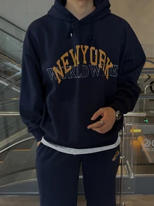 DAZY Autumn/Winter Thermal Lined Navy Blue Letter Print Men's Hoodie Sweatshirt Set - Navy Blue - View 2