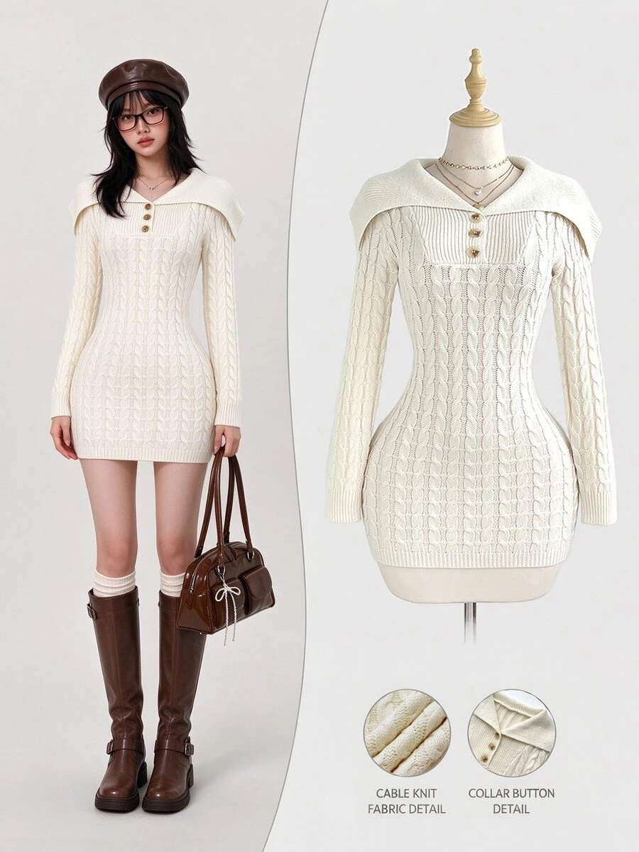 Elamini Women's Button Half-Placket Cable Knit Long Sleeve Dress - Apricot - View 1